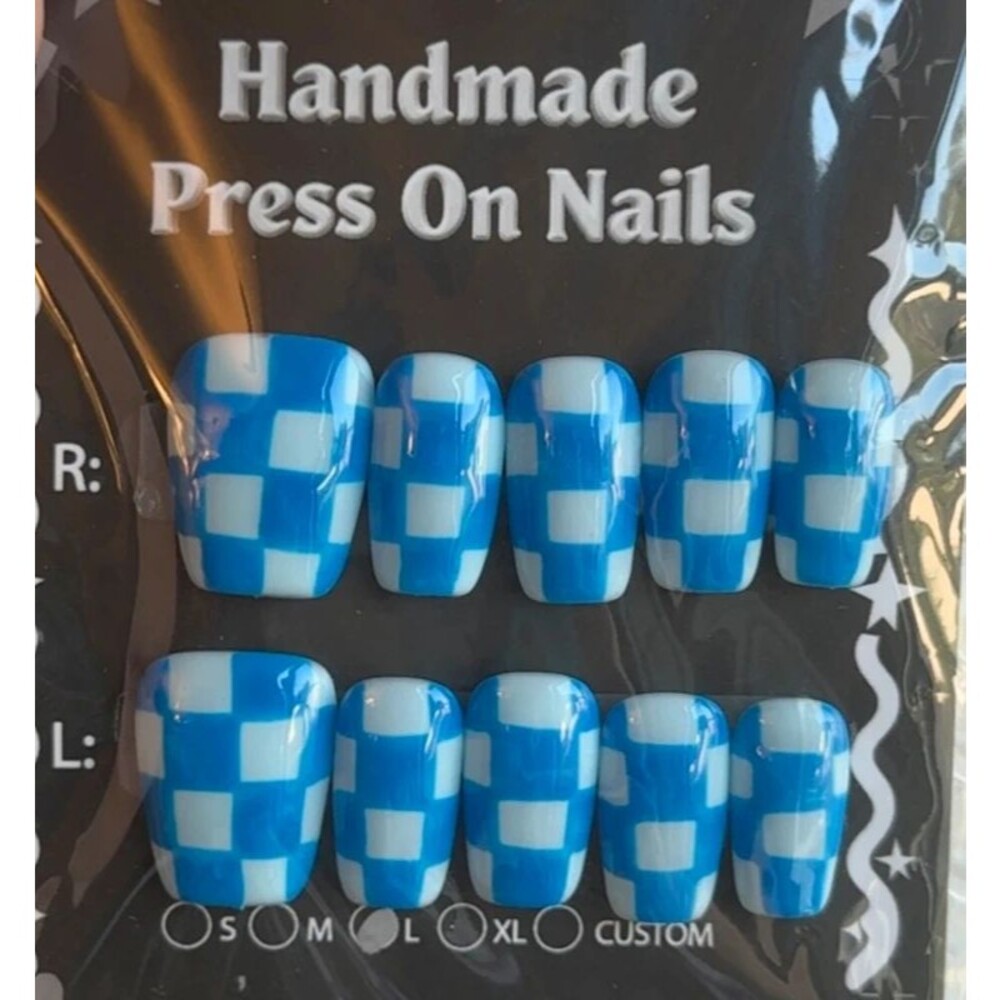 Blue Checkered Short Square Press On Nails Size Large